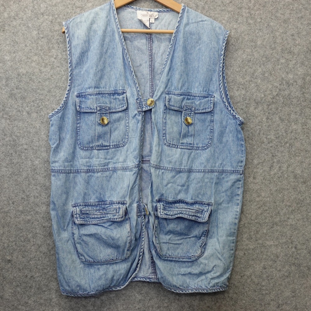 Vintage Denim Utility Vest Mens M Blue Safari Jean 90S Boxy Jacket CARRY BACK